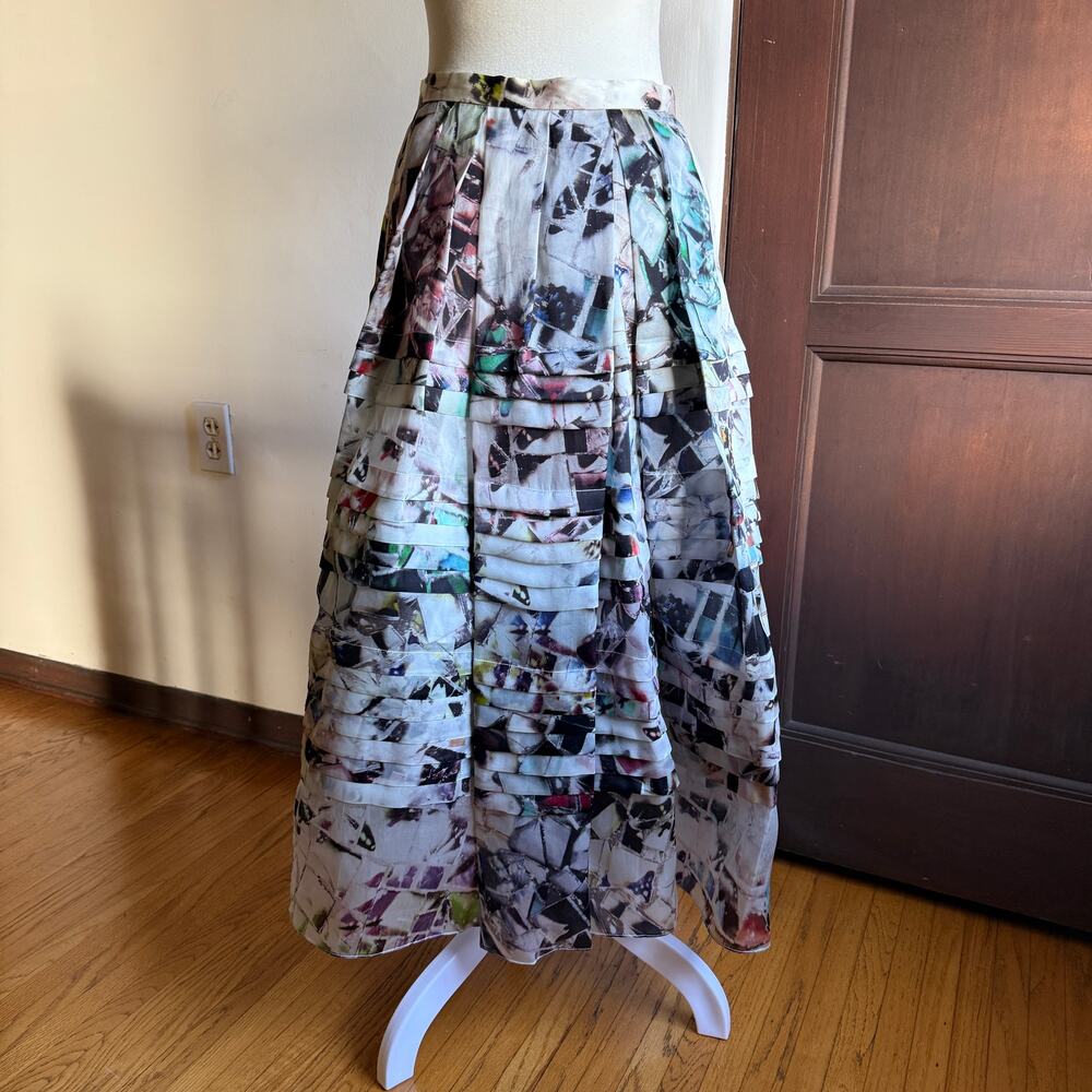 by FANG | Photo Print White Silk Gazar Pleated Midi Ball Gown Skirt | Size 38